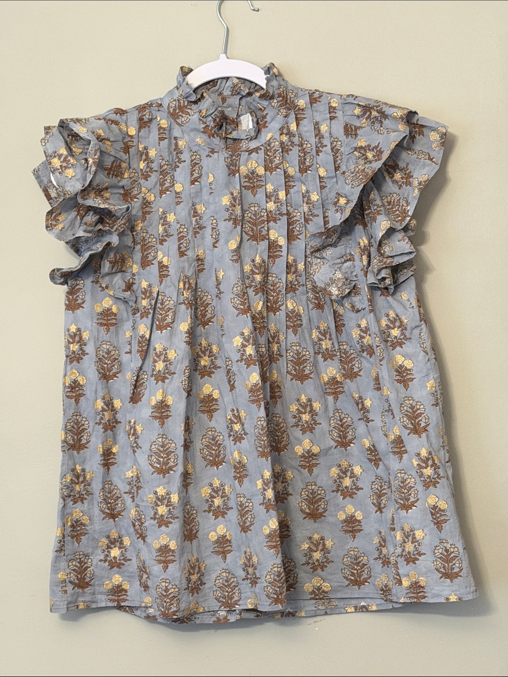 Victoria Dunn Jasmine Ruffle Blouse Blue Floral Block Print S